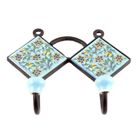 Turquoise And Navy Blue Flower Ceramic Tiles Hooks